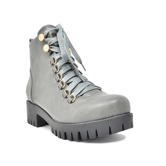 🛍 WOMEN'S LACE UP ANKLE COMBAT BOOTS GRAY - Picture 3 of 3